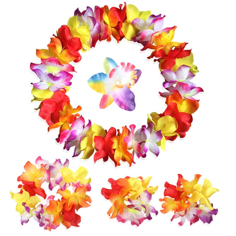 YAXAMING Hawaiian Leis Luau Tropical Headband Flower Crown Wreath Headpiece Wristbands Women Cute Floral Necklace Bracelets Hair Bands for Summer Beach Vacation Pool Party Decorations Favors Supplies Colorful - Image 1